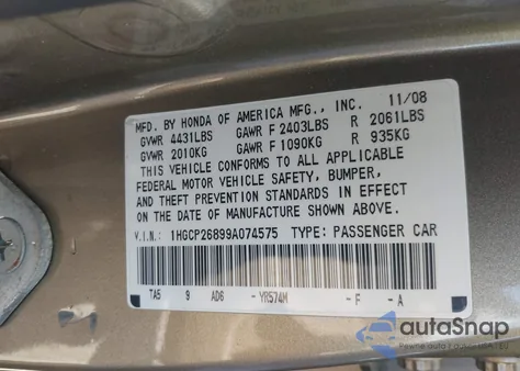 2009 Honda Accord 2.4 Ex-L z USA, uszkodzony, nr VIN 1HGCP26899A074575